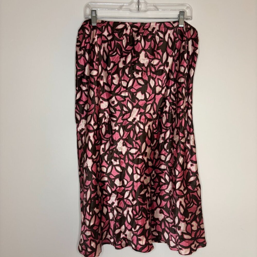 LANE BRYANT 100% Silk Skirt Womens 14/16 Brown Pink Abstract Flowy Slimming